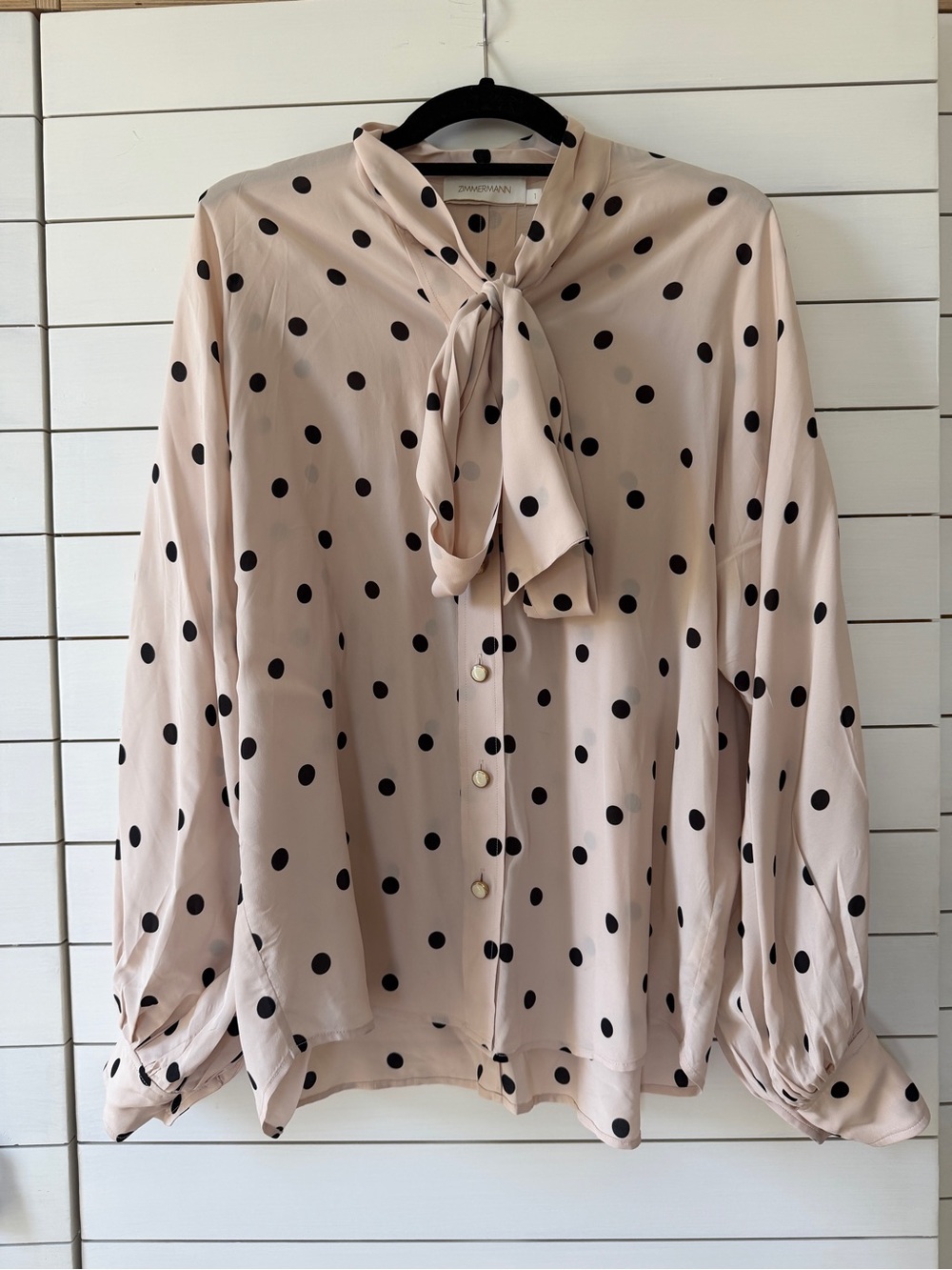 Zimmermann Blush Polka Dot Tie-Neck Blouse with Black Dots